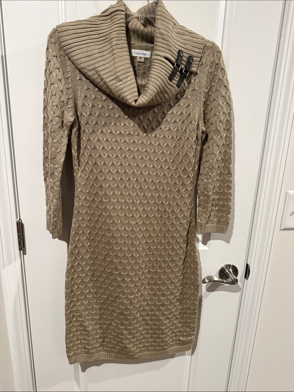Calvin Klein Taupe Textured Shawl-Collar Sweater Dress